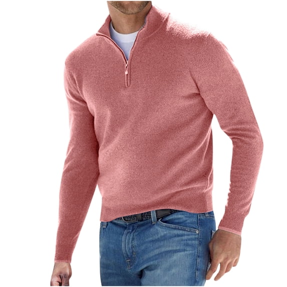 XFLWAM Men's Casual Comfort Quarter Zip Thick Early Spring Deer Plush Sweater Top Pink 3XL