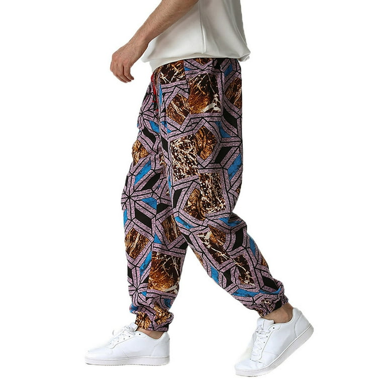 XFLWAM Men s Casual Print Jogger Sweatpants Linen Cotton Elastic Waist Drawstring Pocket Long Pants Navy Blue XL
