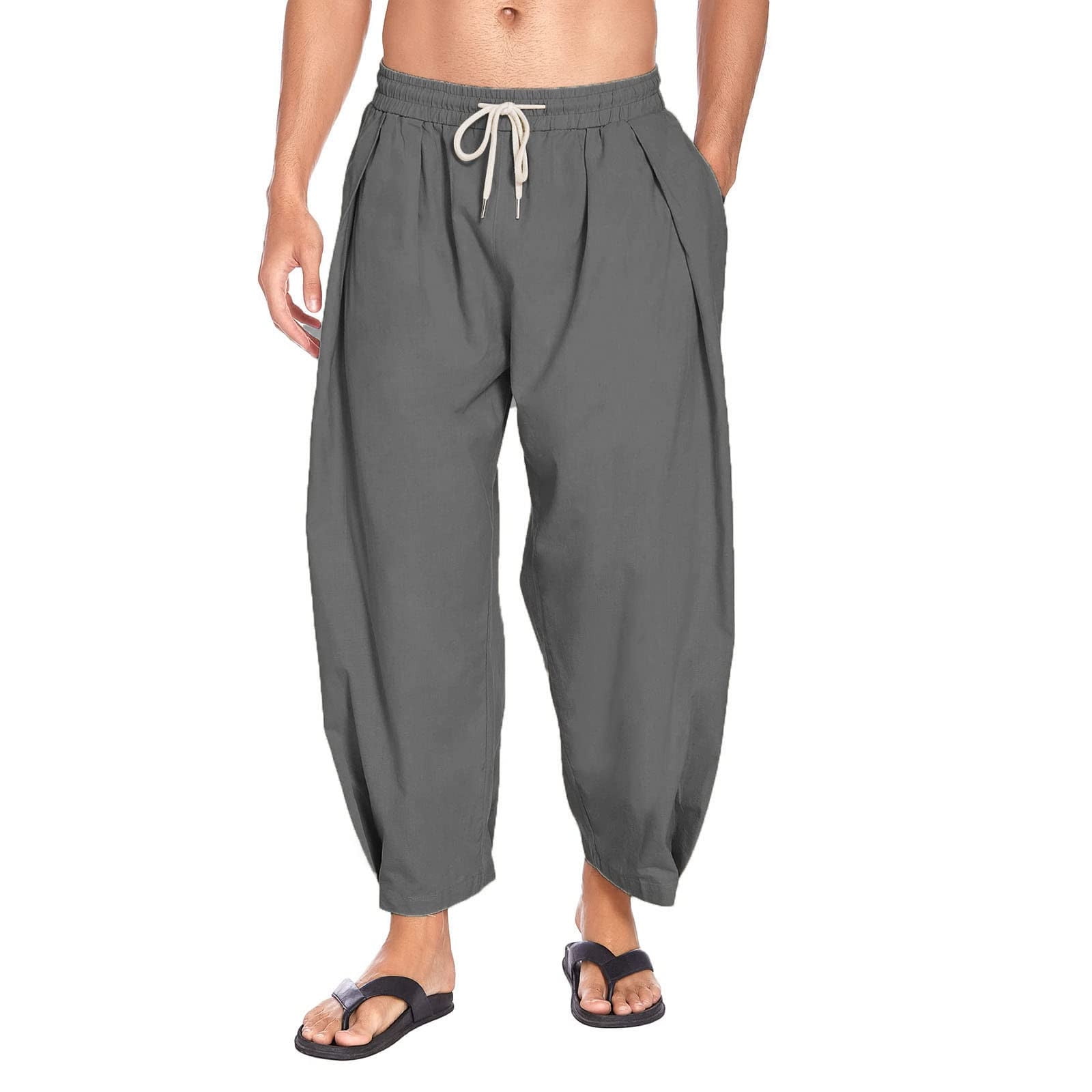 XFLWAM Men's Cotton Harem Pants Casual Baggy Pants Loose Fit Linen