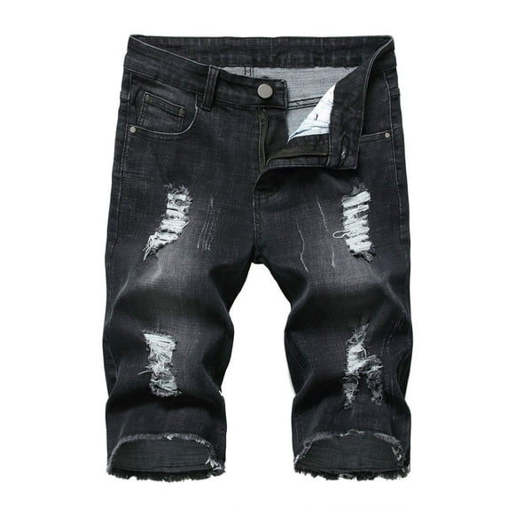 XFLWAM Men's Distressed Ripped Stretchy Jean Shorts Summer Broken Holes Slim Denim Short Pants Casual Straight Leg Jeans Short Black 3XL