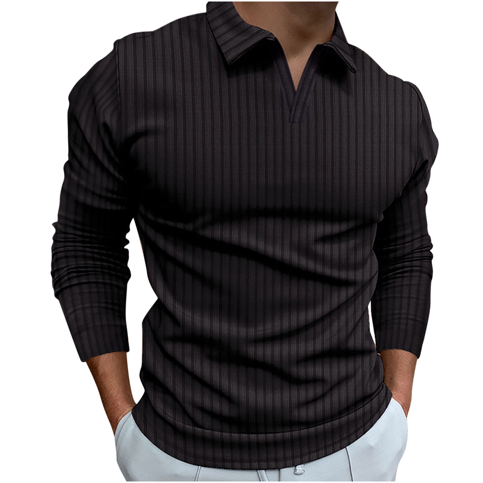 XFLWAM Men s Fashion Polo Shirts Long Sleeve Knit Stretch Tshirt Casual Stylish Workout V Neck Collared Slim Fit Muscle Tops Black XL Walmart