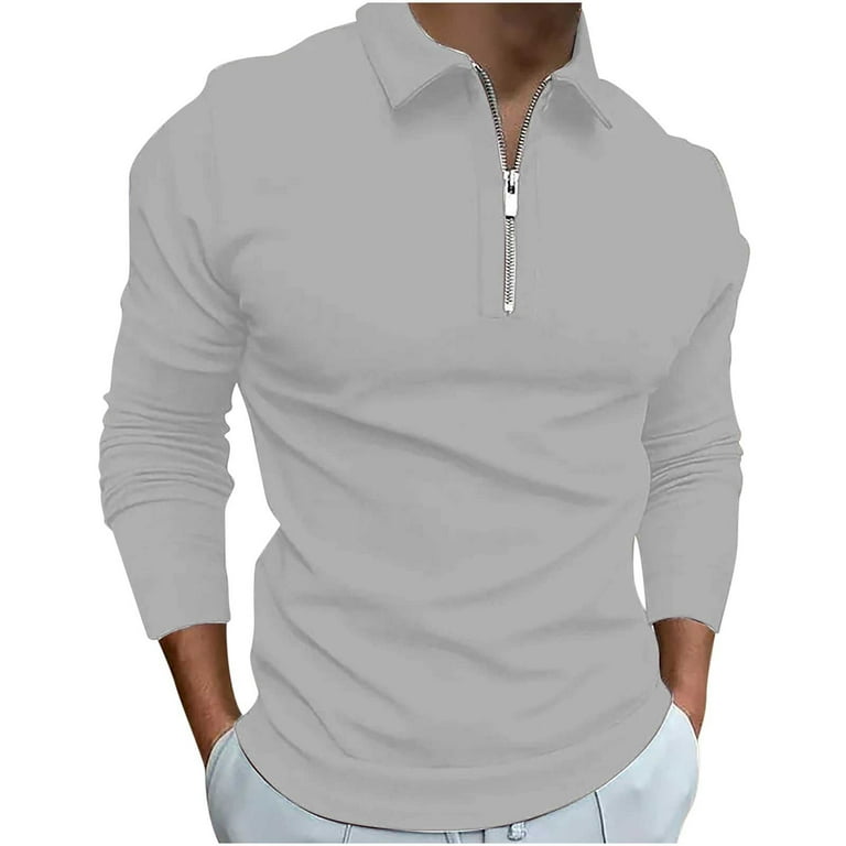 XFLWAM Men s Fashion Polo Shirts Long Sleeve Knit Stretch Tshirt Casual Stylish Workout V Neck Collared Slim Fit Muscle Tops Gray XXL