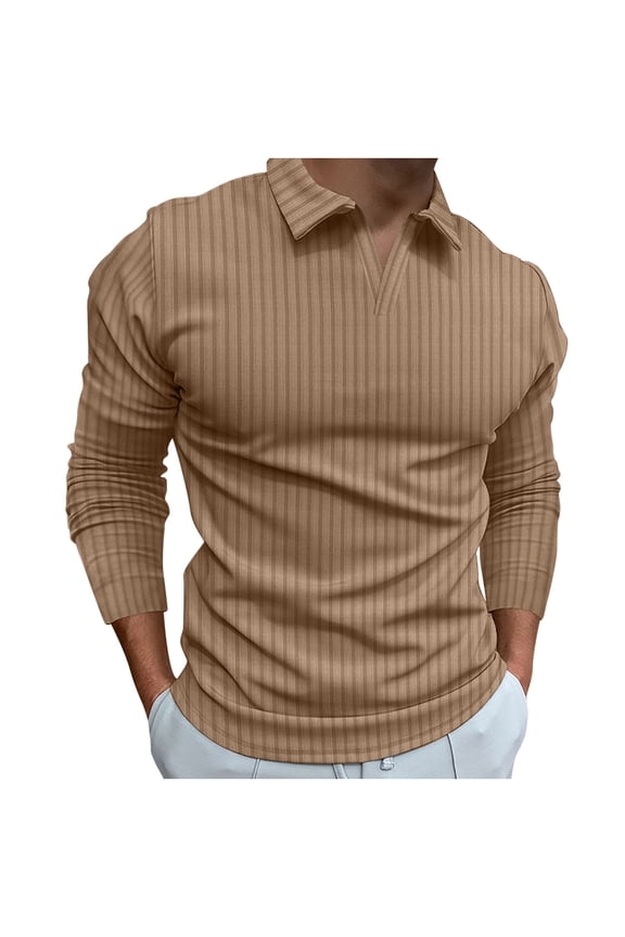 Men's Fashion Polo Shirts Long Sleeve Knit Stretch Tshirt Casual Stylish Workout V Neck Collared Slim Fit Muscle Tops Khaki L