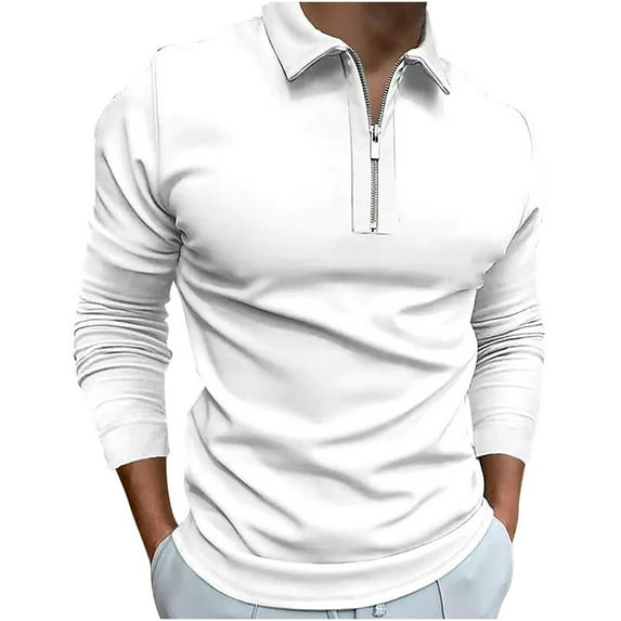 XFLWAM Men's Fashion Polo Shirts Long Sleeve Knit Stretch Tshirt Casual Stylish Workout V Neck Collared Slim Fit Muscle Tops White 3XL