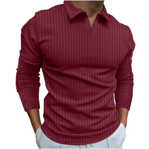 XFLWAM Men's Fashion Polo Shirts Long Sleeve Knit Stretch Tshirt Casual Stylish Workout V Neck Collared Slim Fit Muscle Tops Wine Red S