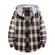 XFLWAM Men's Flannel Hoodie Plaid Shirts Jacket Casual Long Sleeve Button Down Lightweight Hooded Shirt Coffee S