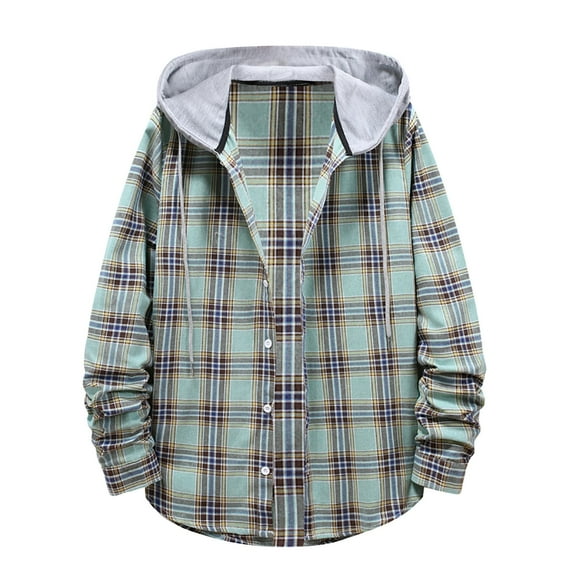XFLWAM Men's Flannel Hoodie Plaid Shirts Jacket Casual Long Sleeve Button Down Lightweight Hooded Shirt Green L
