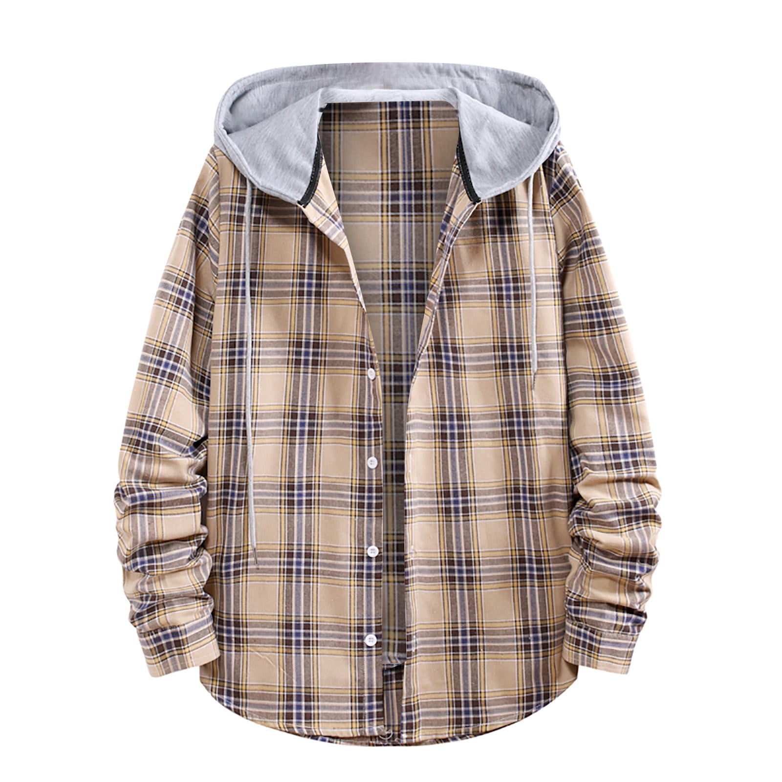 XFLWAM Men's Flannel Hoodie Plaid Shirts Jacket Casual Long Sleeve Button  Down Lightweight Hooded Shirt Khaki L
