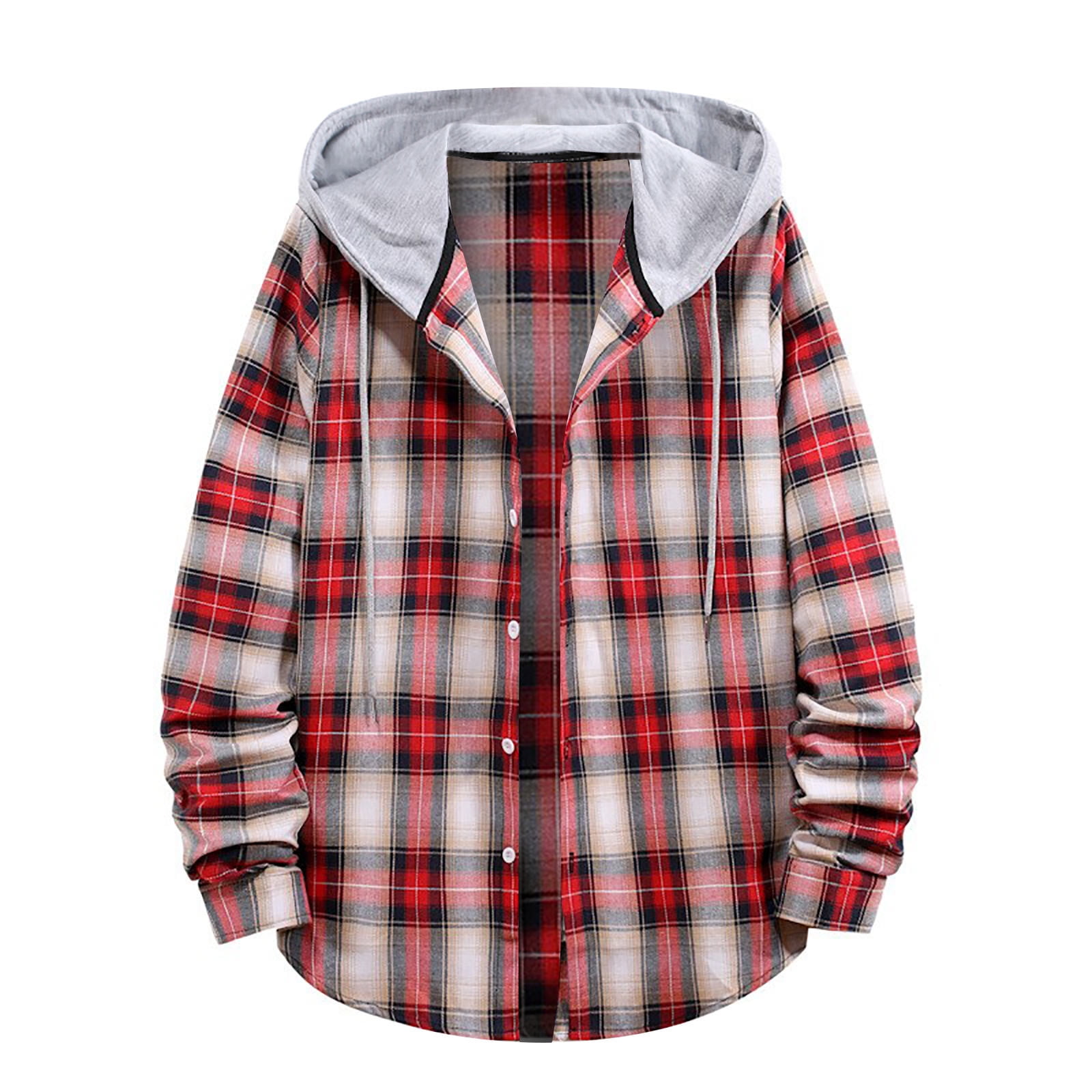 XFLWAM Men's Flannel Hoodie Plaid Shirts Jacket Casual Long Sleeve Button  Down Lightweight Hooded Shirt Red XL