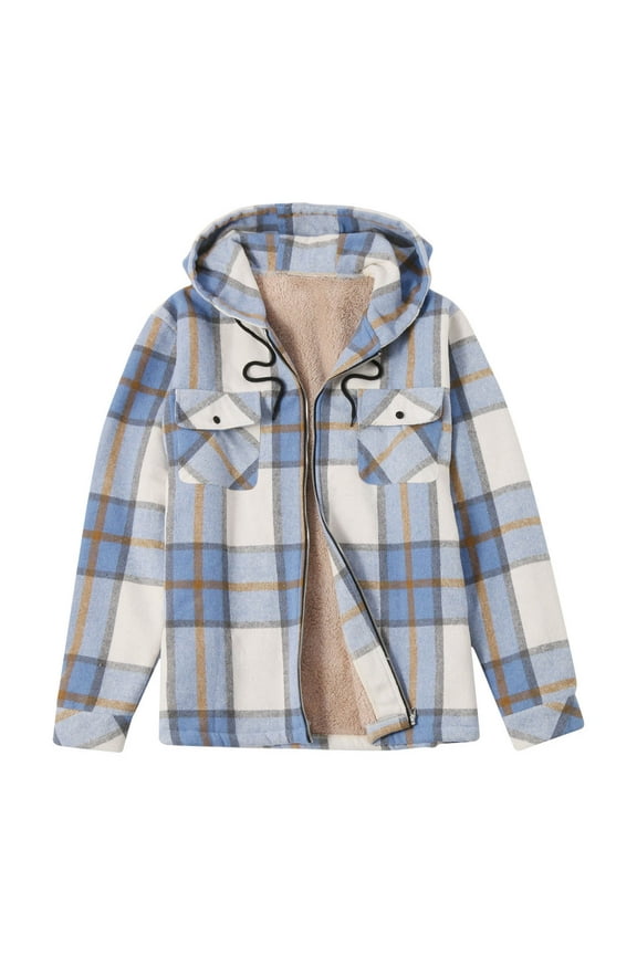 Men's Flannel Shirt Jacket with Hood Fleece Long Sleeve Lined Plaid Coat Full Zip Up Hoodie Winter Outwear