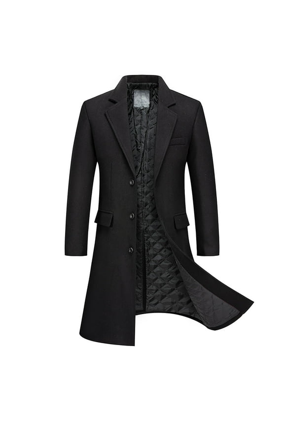 Men's Full Length Winter Trench Coat Double Breasted Wool Blend Long Windbreaker Notch Lapel Peacoat Overcoat Black M