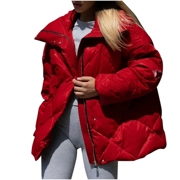 XFLWAM Men's Glossy Padded Winter Coat Metallic Full Zip Down Quilted Puffer Jacket Warm Plus Size Shiny Lapel Collar Coat Red L