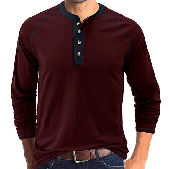 XFLWAM Men's Henley Shirts Raglan Long Sleeve Casual Lightweight Regular Fit Button Cotton Basic T-Shirt Wine Red S