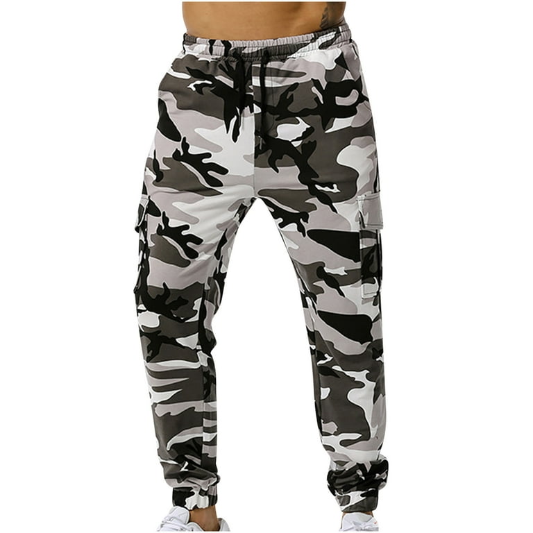 XFLWAM Men s Joggers Sweatpants Multi Pocket Lightweight Quick Dry Cargo Pants for Men Camo Elastic Waist Drawstring Pants Gray 3XL