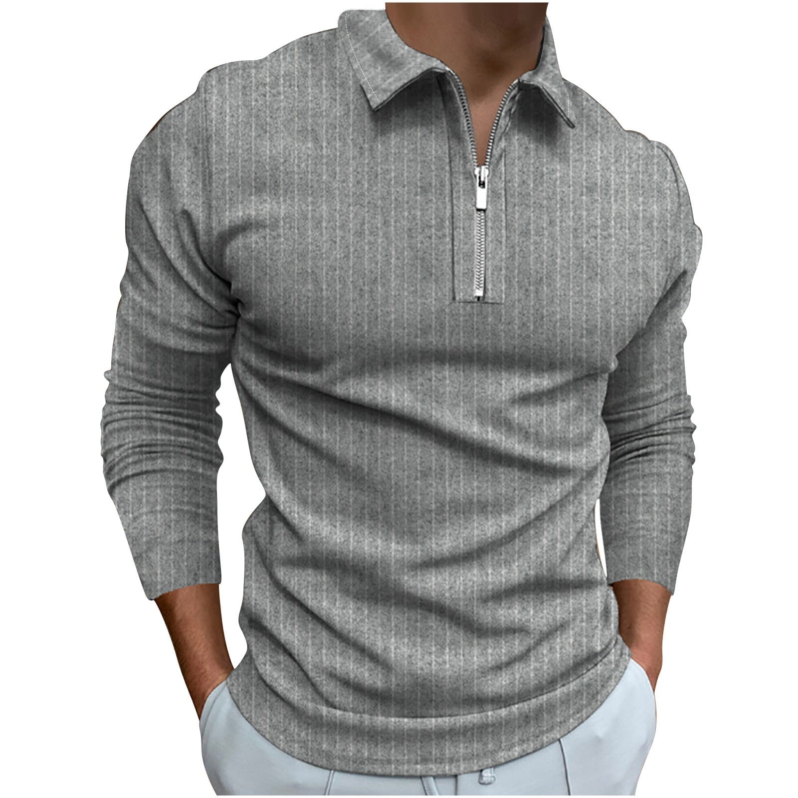 XFLWAM Men s Long Sleeve Polo Shirt Zipper Neck Business Casual Tops Ribbed Workout Tee Slim Fit Muscle TopsShirts Gray S