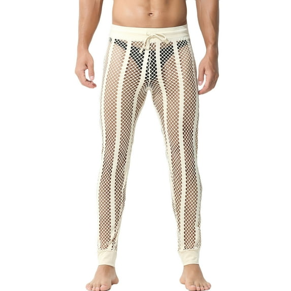 XFLWAM Men's Mesh Fishnet Pants Sexy See Through Leggings Drawstring Striped Workout Sweatpants Beige S