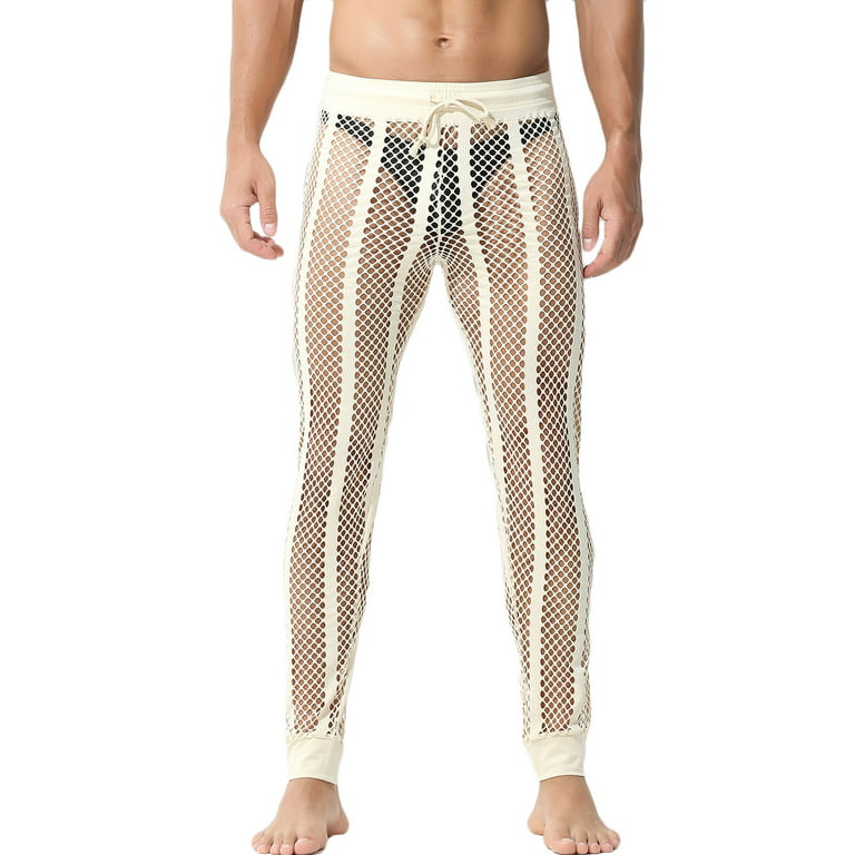 XFLWAM Men's Mesh Fishnet Pants Sexy See Through Leggings Drawstring  Striped Workout Sweatpants Black XL 