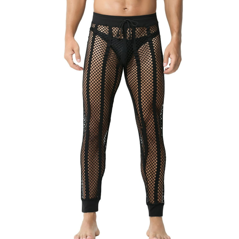 XFLWAM Men's Mesh Fishnet Pants Sexy See Through Leggings Drawstring  Striped Workout Sweatpants Black XL 