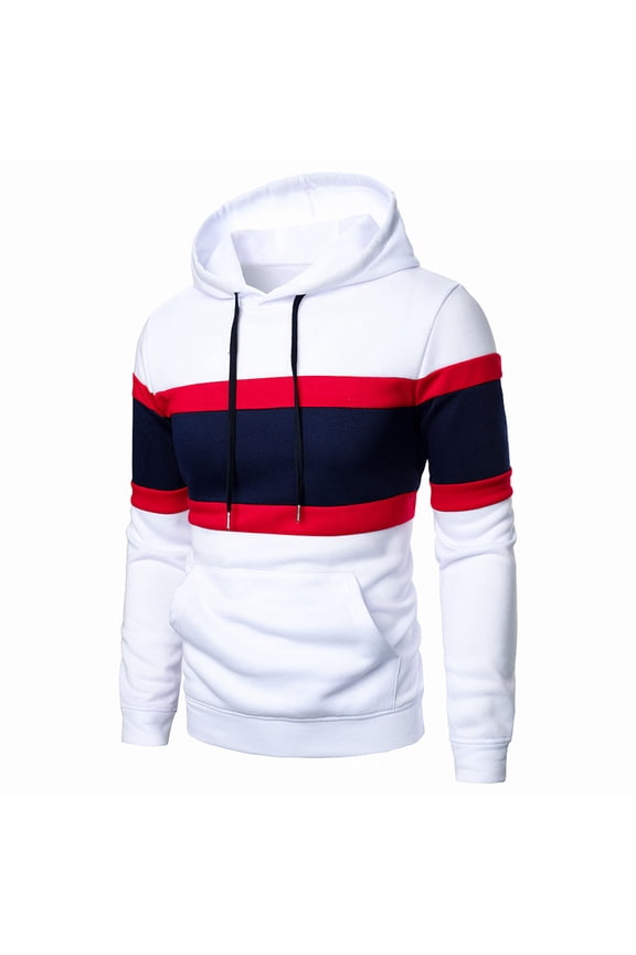 Men's Novelty Color Block Striped Pullover Fleece Hoodie Long Sleeve Casual Drawstring Sweatshirt with Pocket White S