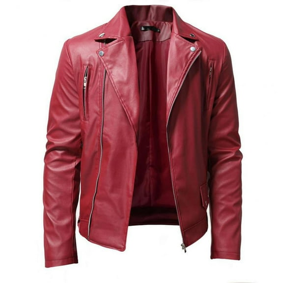 XFLWAM Men's PU Leather Jacket Causal Belted Faux Leather Motorcycle Jacket Zipper Biker Coat Red M