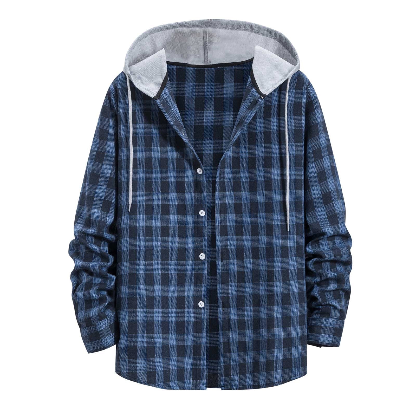 XFLWAM Men's Plaid Hooded Shirts Casual Long Sleeve Lightweight Jackets  Drawstring Button Down Shirt Gray XXL 