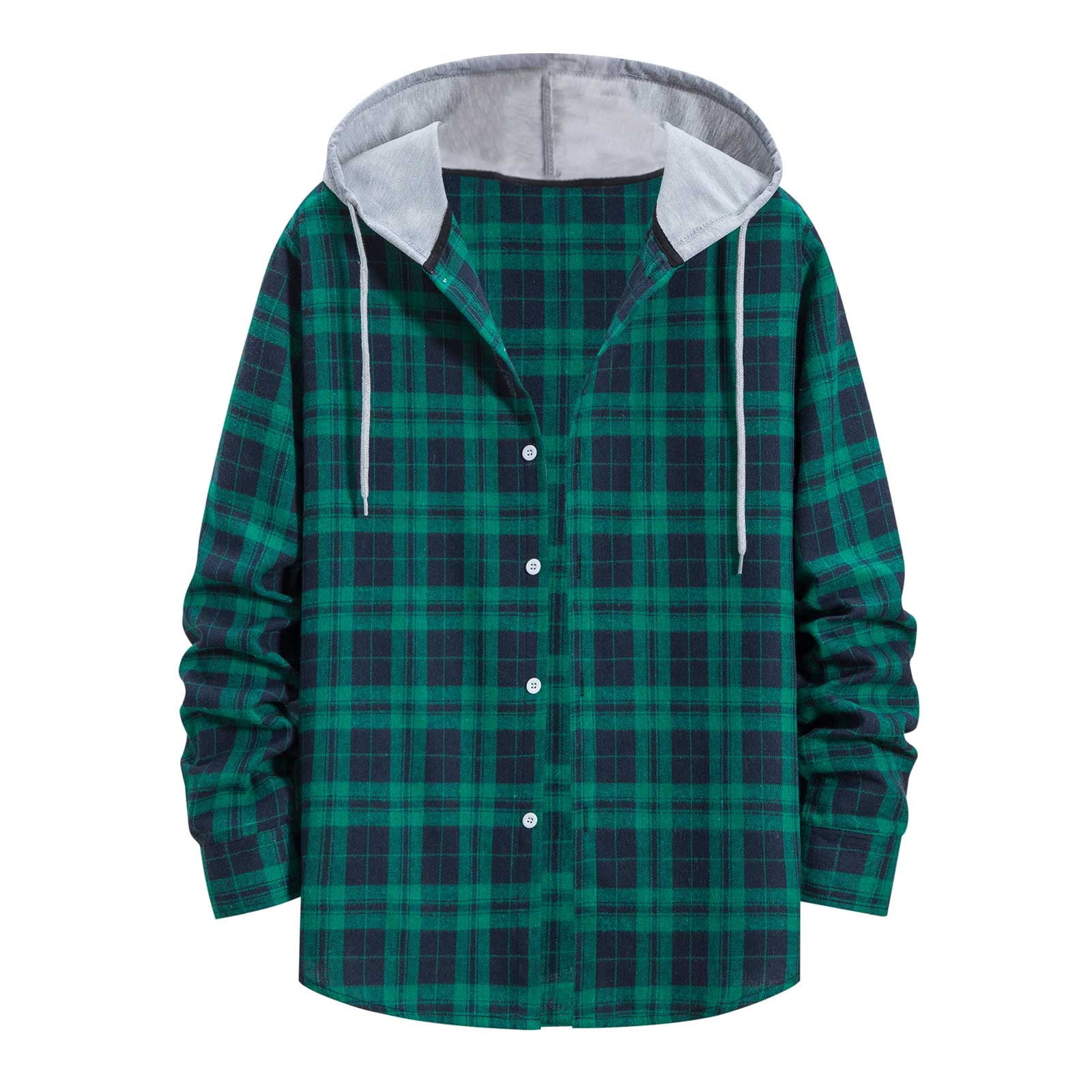 XFLWAM Men's Plaid Hooded Shirts Casual Long Sleeve Lightweight Jackets  Drawstring Button Down Shirt Gray S 