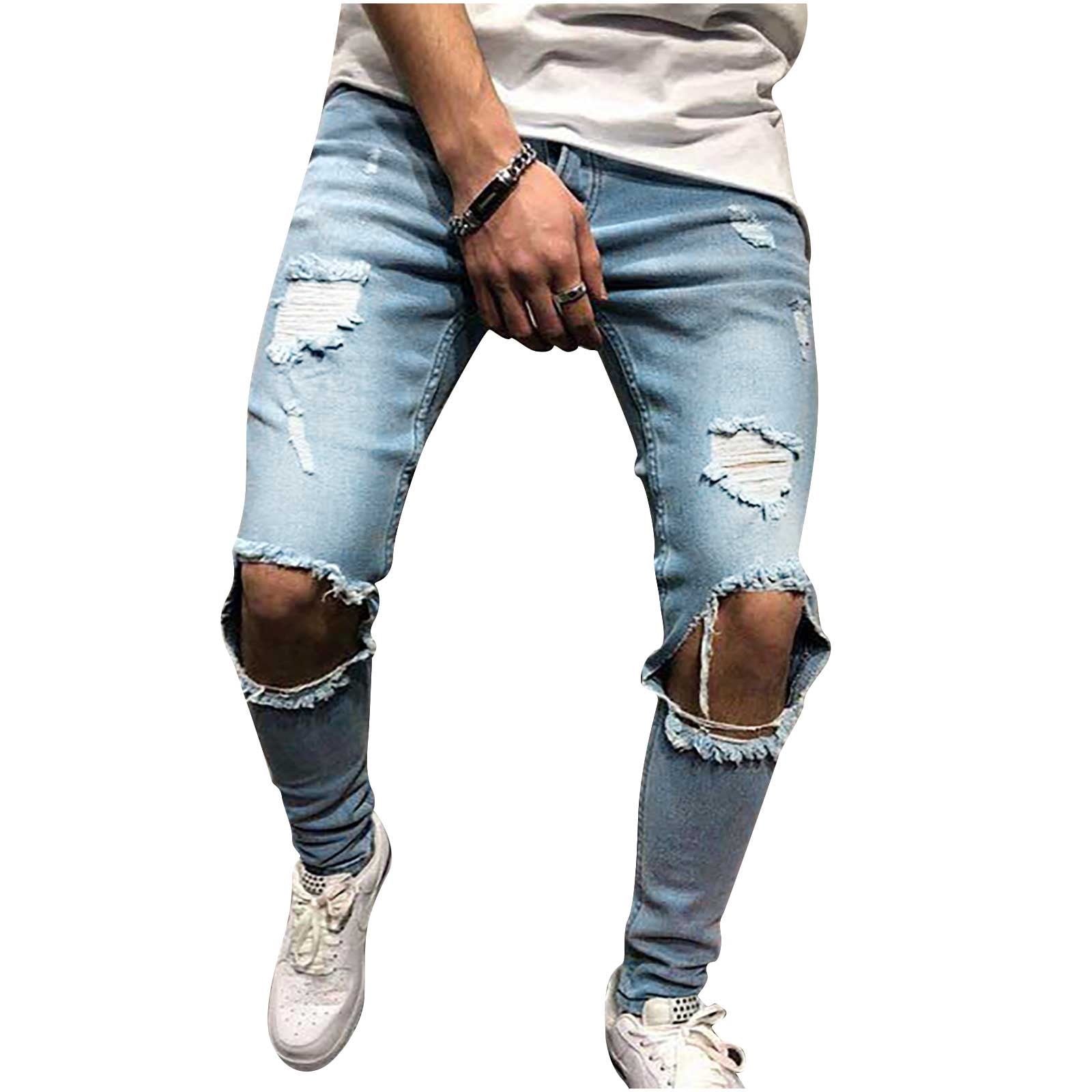 Men Ripped Jeans Slim Straight Fit Denim Jeans Denim Pants With Holes  (36,Light Blue)