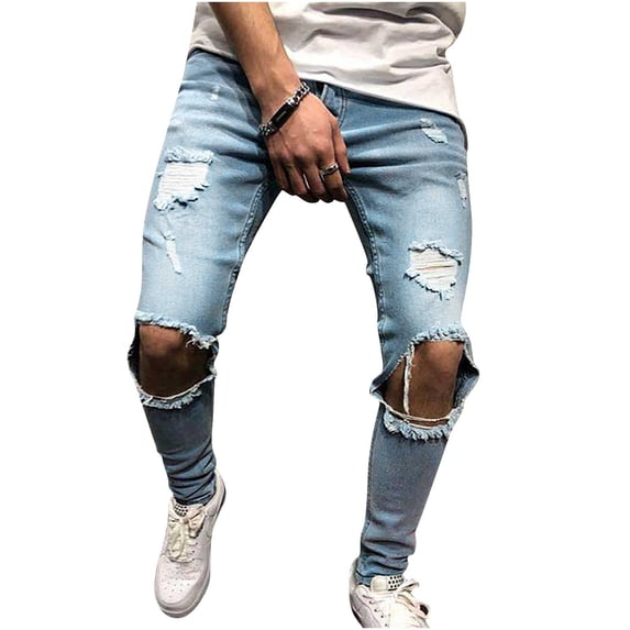 XFLWAM Men's Ripped Jeans Slim Fit Stretch Distressed Jeans Pants for Men Light Blue XL