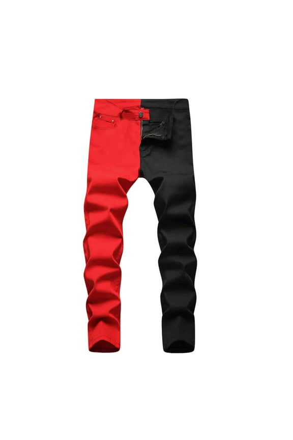 Men's Skinny Jeans Fashion Casual Color Block Patchwork Slim Fit Cotton Demin Pencil Pants Red S