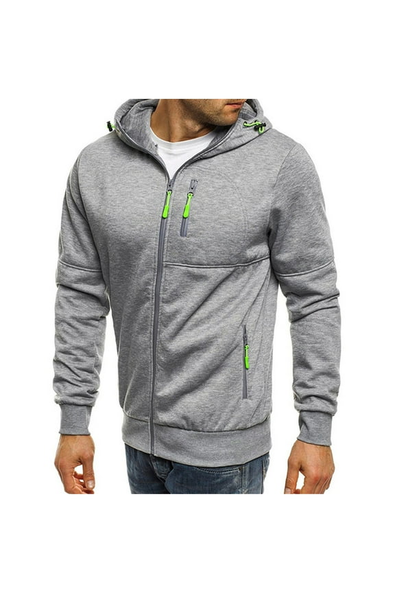 Men's Sports Fitness Sweater Casual Full Zipper Long Sleeve Hooded Sweater with Pockets Jogging Track and Field Gym Training Jacket Gray L