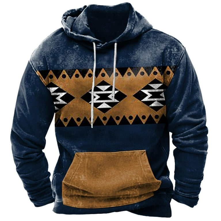 XFLWAM Men s Ethnic Printed Hoodie Aztec Tribal Pattern Spring Winter Casual Sweatshirt with Pocket Navy Blue XL Walmart