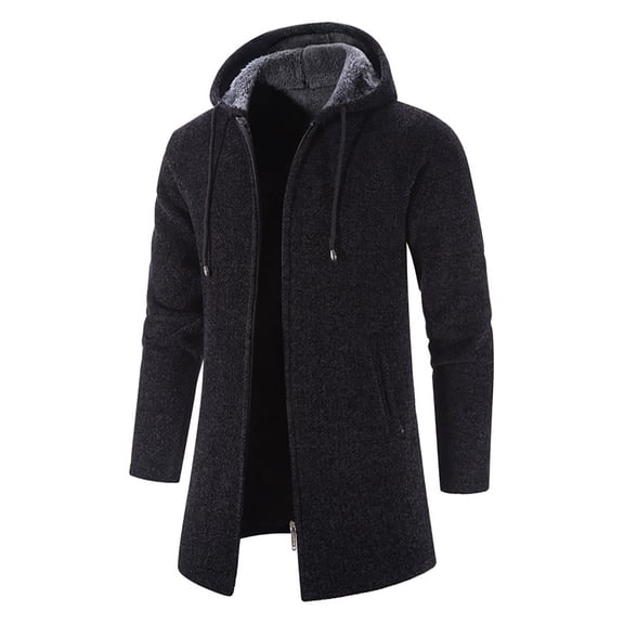 XFLWAM Men's Wool Blend Jacket Slim Fit Mid Lenght Sherpa Lined Thicked Hooded Coats Casual Plush Fleece Winter Warm Overcoats Black 3XL