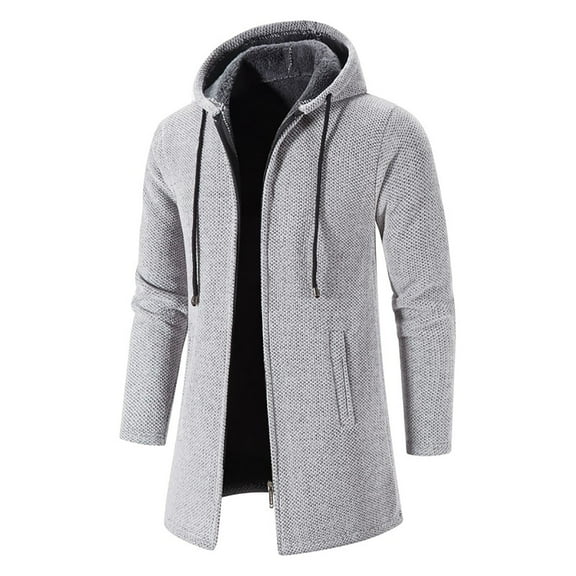 XFLWAM Men's Wool Blend Jacket Slim Fit Mid Lenght Sherpa Lined Thicked Hooded Coats Casual Plush Fleece Winter Warm Overcoats Gray M