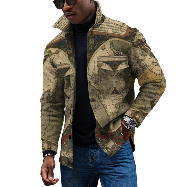 XFLWAM Mens 3D Print Shackets Casual World Map Printed Fall Jacket