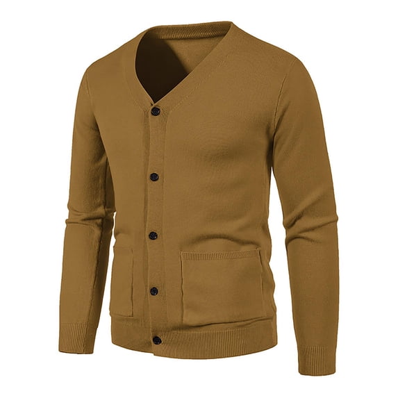 XFLWAM Mens Cardigans Sweaters Soft V-Neck Solid Color with Buttons Soft Touch Knit Long Sleeve Sweater with Pockets Coffee 3XL