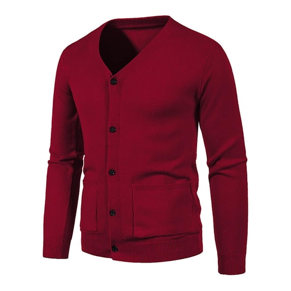 XFLWAM Mens Cardigans Sweaters Soft V-Neck Solid Color with Buttons Soft Touch Knit Long Sleeve Sweater with Pockets Wine Red XL