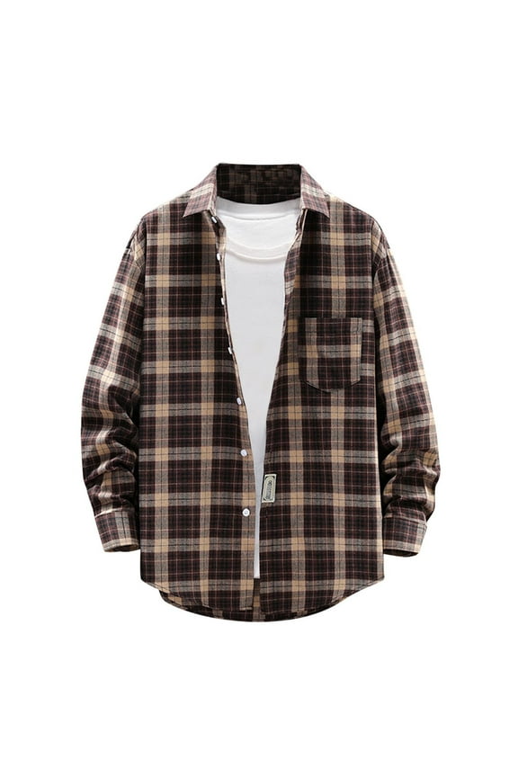 Mens Casual Long Sleeve Button Down Shirts Fall Winter Plaid Flannel Shirts Lapel Outwear Jackets with Pocket Brown M
