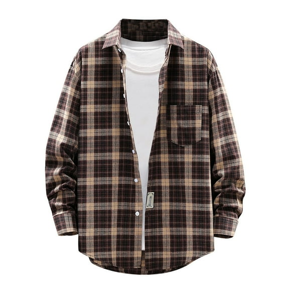 XFLWAM Mens Casual Long Sleeve Button Down Shirts Fall Winter Plaid Flannel Shirts Lapel Outwear Jackets with Pocket Brown XL