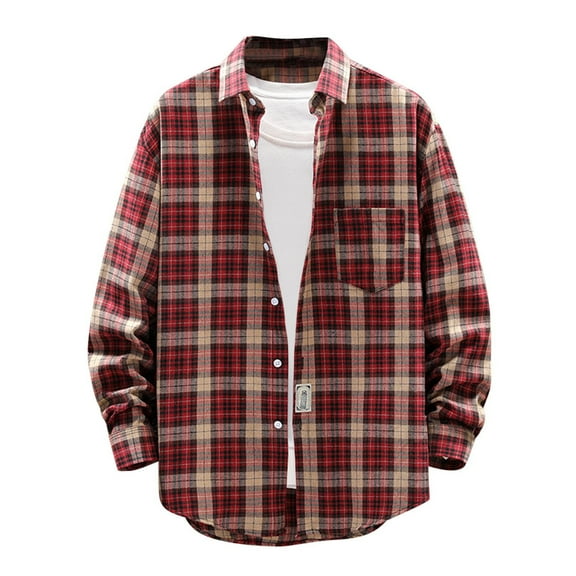 XFLWAM Mens Casual Long Sleeve Button Down Shirts Fall Winter Plaid Flannel Shirts Lapel Outwear Jackets with Pocket Red L