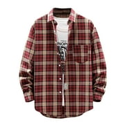 XFLWAM Mens Casual Long Sleeve Button Down Shirts Fall Winter Plaid Flannel Shirts Lapel Outwear Jackets with Pocket Red M