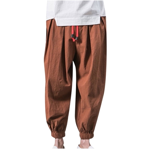 XFLWAM Mens Cotton Linen Harem Pants Elastic Drawstring Waist Lightweight Summer Beach Lantern Pants Coffee 5XL