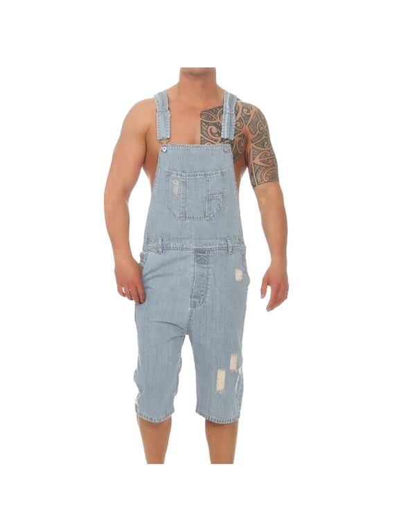 Mens Denim Shorts Bib Overalls Jeans Casual Walkshort Summer Jumpsuit with Pockets Blue S