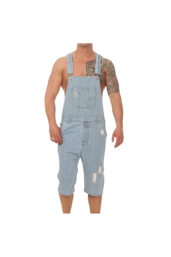 Mens Denim Shorts Bib Overalls Jeans Casual Walkshort Summer Jumpsuit with Pockets Blue S