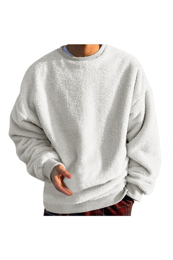 Mens Fuzzy Sherpa Sweatshirt Long Sleeve Fluffy Crew Neck Pullover Cozy Basic Unisex Fall Winter Warm Tops