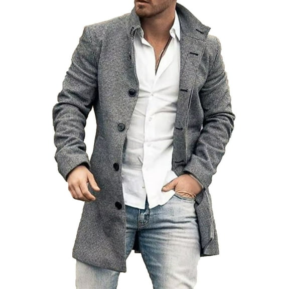 XFLWAM Mens Wool Blend Single Breasted Overcoat Winter Slim Mid-Length Trench Coat Business Office Causal Notched Collar Pea Coat Gray XL