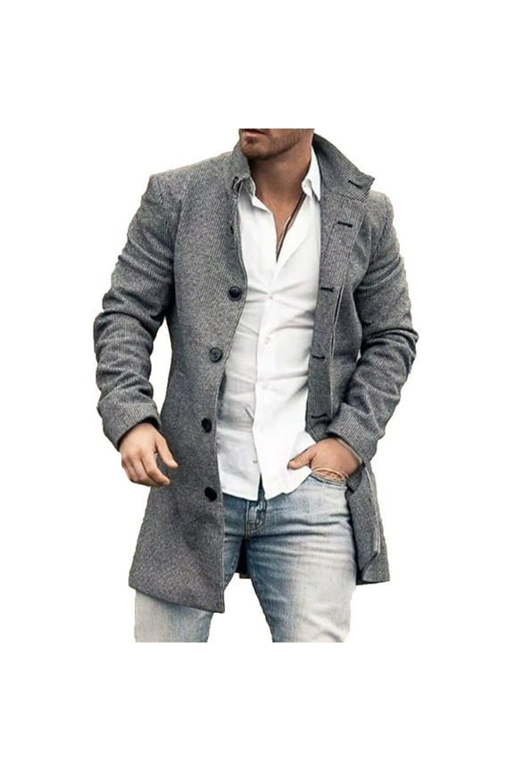 Mens Wool Blend Single Breasted Overcoat Winter Slim Mid-Length Trench Coat Business Office Causal Notched Collar Pea Coat Gray XL
