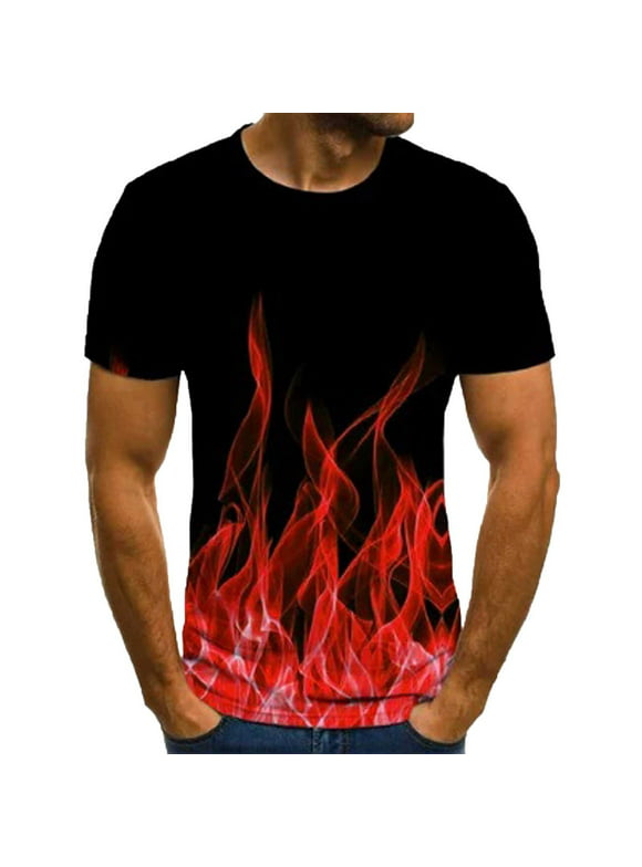 XFLWAM Mne's Fashion 3D Flame Print T-Shirts Funny Graphics Pattern Crewneck Short Sleeve Tees for Mens Red M