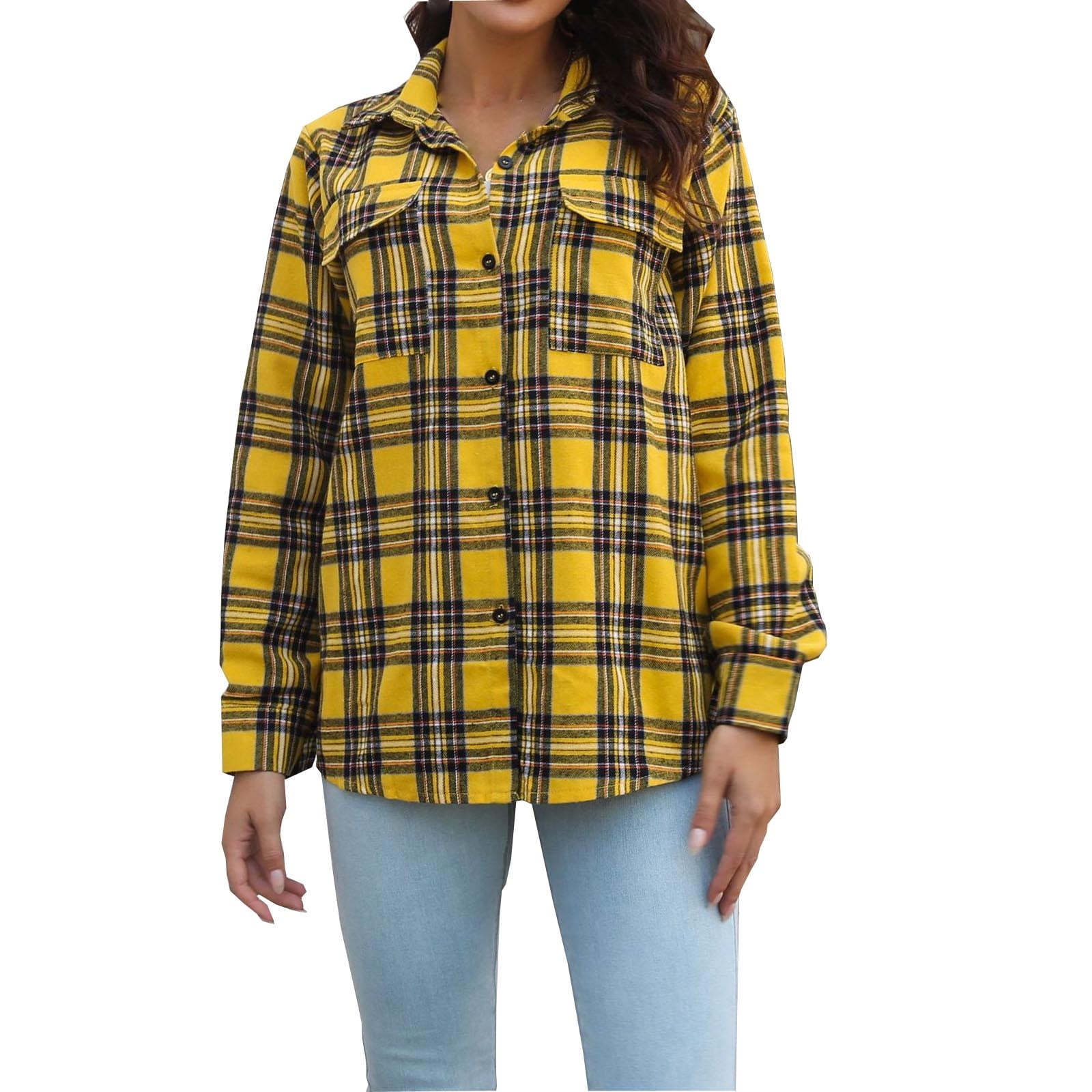 XFLWAM Oversized Flannel Shirt Women Long Sleeve Plaid Button Down Buffalo  Shirt Blouse Tops with Pocket Yellow M