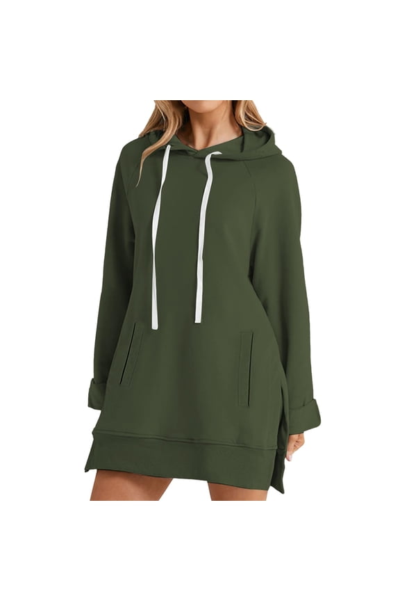 Oversized Hoodie Dress Women Drawstring Long Sleeve Split Hem Hooded Sweatshirt Casual Comfrt Pullover Tops with Pocket