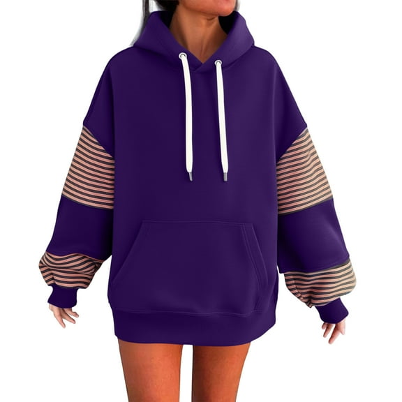 XFLWAM Oversized Hoodies for Women Striped Long Sleeve Pullover Tops Casual Loose Drawstring Hooded Sweatshirts with Pocket